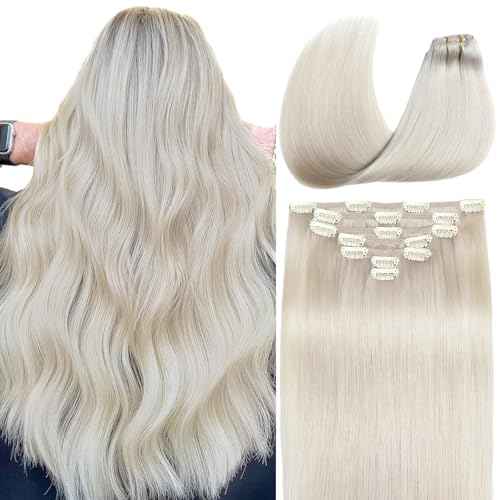 Human Hair Clip in Extensions 22 Inch Clip in Hair Extensions Real Human Hair Platinum Blonde Remy Human Hair Clip ins, Straight Silky Hair Extensions for Women, 85g 7Pcs Easy to Install