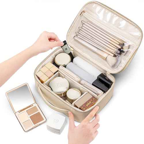Vlando Travel Makeup Bag,Portable Cosmetic Bag Makeup Case Organizer, Makeup Bag with Adjustable Dividers for Women,Girls,Wedding,Cosmetic Brushes,Toiletry,Gifts,Anniversary-Beige