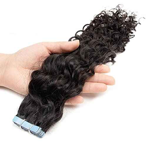 28Inch Long Tape in Hair Extensions for Women Water Wave Human Hair Skin Weft Seamless Invisible PU Tape Double Sided 50g 20pcs/Pack Adhesive Curly Hair 4-6 Packs for Full Head