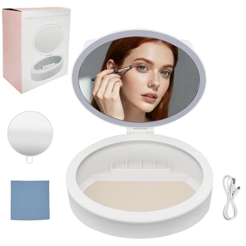 Makeup Mirror with Light, 4K high-Definition Touch Screen Travel Vanity Mirror with 3 Types of Lights, USB Charging, Detachable 3-inch 10x Magnifying Glass (White)