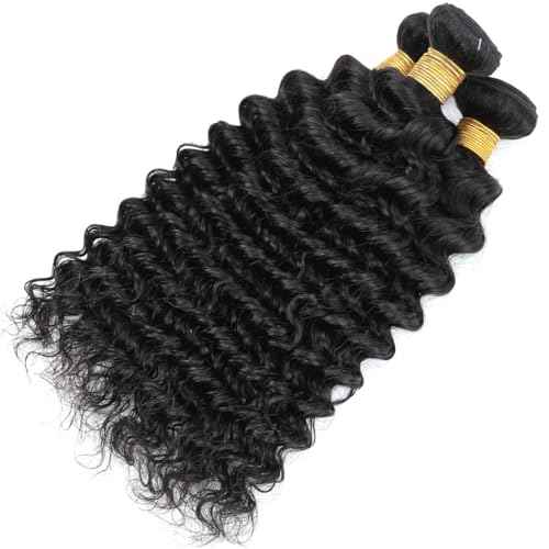 AUTTO Deep Wave Bundles Human Hair 16 18 20inch Brazilian Deep Wave Bundles for Black Women Wet and Wavy Bundles 100% Unprocessed Virgin Water Wave Curly Human Hair Weave 3 Bundles Natural Black