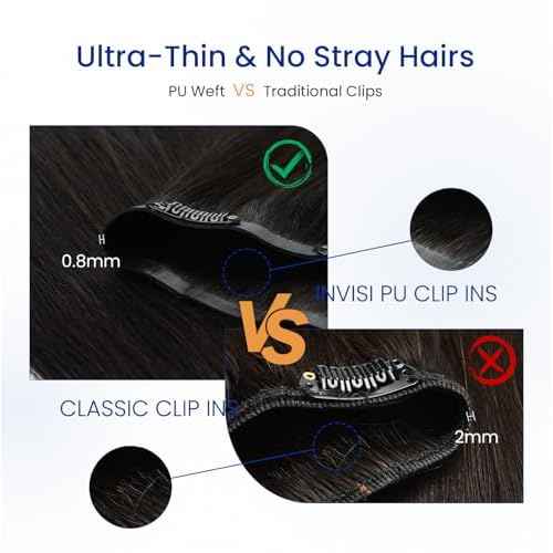 Worldstar Invisible Clip in Hair Extensions Human Hair 18 Inch 130g 6pcs #1 Jet Black Seamless Clip in Hair Extensions Remy Human Straight Hair Invisible PU Skin Weft (pu#1-18)