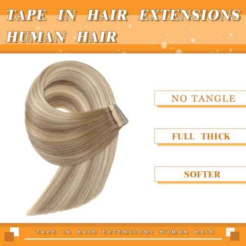 YDDM Tape in Hair Extensions, 20pcs 20 Inch Balayage Gold Brown Mixed Dark Blonde Straight 100% Remy Human Hair Seamless Invisible Tape in Hair Extensions Human Hair(10/10/22#, 20 Inch)