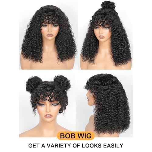 Bob Wig with Bangs Human Hair Water Wave 2x4 HD Lace Closure Front Curly Wigs Human Hair Bang Wig 220 Density Glueless Wear and Go for Beginners 100% Brazilian Human Hair for Black Women 12 Inch