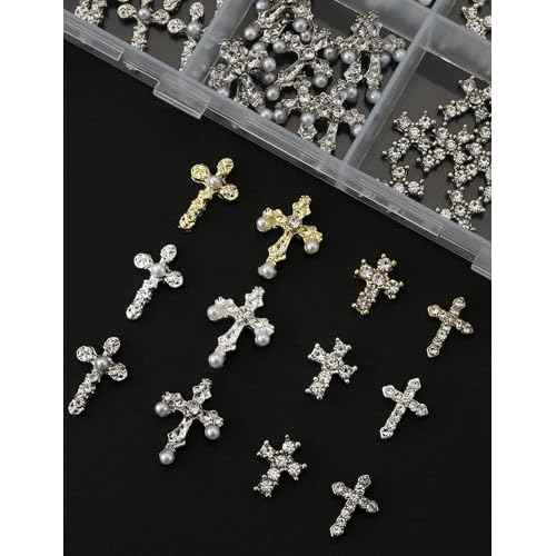 120 Pcs 3D Cross Nail Charms 12 Grids Metal Nail Art Charms White Gold Silver Gold Cross Charms for Nails