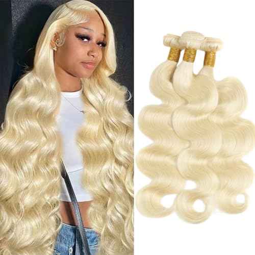 12A HC 613 Body Wave Bundles Human Hair 14 16 18 Inch Blonde Human Hair Bundles 12A Grade Brazilian Hair Extensions 100% Unprocessed Weave 3 Bundles