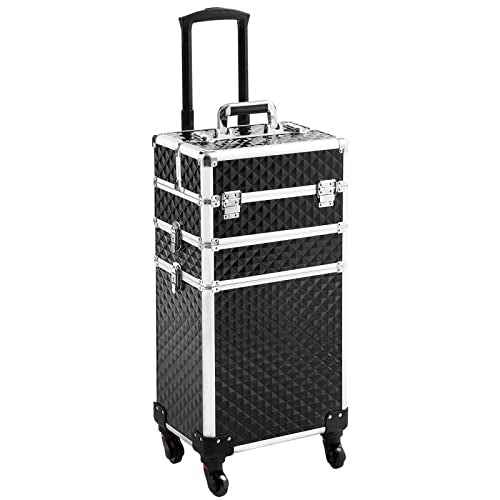 Rolling Makeup Case 3 in 1,Professional Makeup Train Case organizers,Large Storage Cosmetic case Trolley,Makeup Travel Case for Salon Barber Black