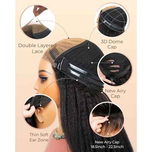 Arabella Yaki Half Wig 100% Human Hair Updated Half Wigs Yaki Straight Human Hair Glueless Wig Draw String Wigs Pre Plucked Cut Bleached Knots 6x6x2 3D Lace 3 in 1 Wig for Women 200% Density 16 Inch