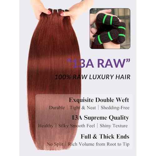 13A Double Drawn Reddish Brown Straight Human Hair Bundles, Full and Thick Copper Red 100% Brazilian Raw Hair 3 Weave Auburn Colored 33B Brownish Straight Bundles 12 14 16 Inch Sew In