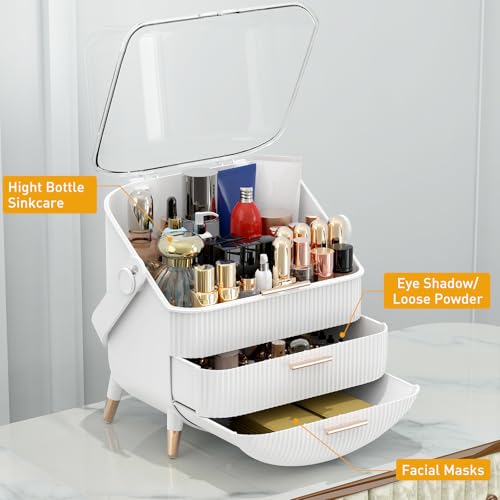 Makeup Organizer with Transparent Lid & 2 Drawers ? Large Capacity Cosmetic Skincare Storage Box for Bathroom Vanity, Countertop, Bedroom ? Portable and Dustproof, White (11"x7"x14")