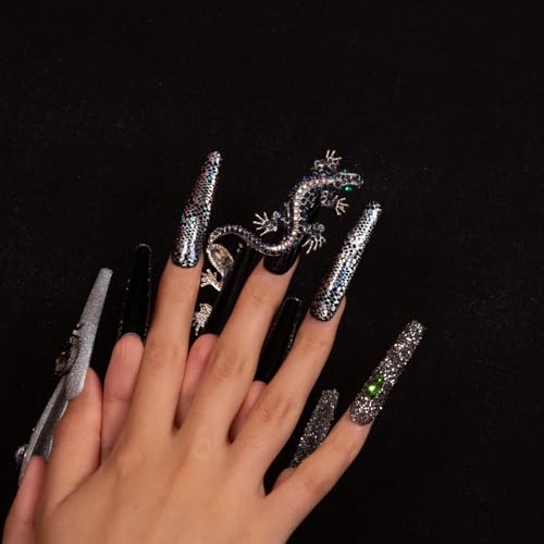 LOVFUL Press on Nails Mr Gecko | Handmade with Full Covered Crystals | Reusable Fake Nails | Coffin Long 2.2 in | H62-M