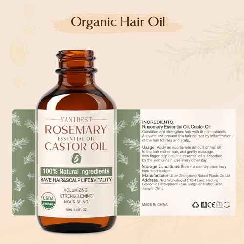 YANIBEST Organic Rosemary Essential Oil, Castor Oil, 100% Pure Natural Hair Oil for Strengthening Hair, Nourish and Repair Damaged Hair, Improve Scalp Health