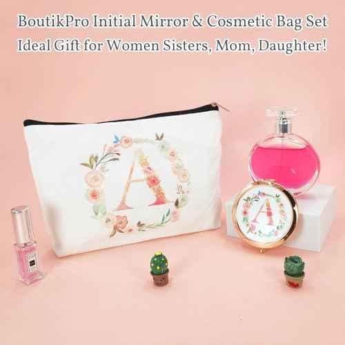 Personalized Gift Initial Compact Mirror w Makeup Bag for Women Sister Daughter Mom Wife, Floral Monogram Alphabet Small Mirror Ideal Gift on Birthday, Christmas, Graduation (A + Bag, ROSE GOLD)