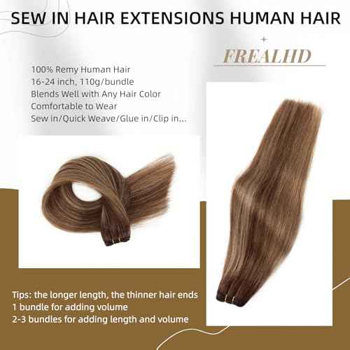 Sew in Hair Extensions Real Human Hair, 110g 24 inch Ombre Color 4/27/4 Balayage Chocolate Brown to Caramel Blonde Double Weft Weave Bundles Remy Human Hair Extensions Straight