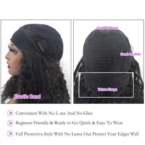 Long Headband Wig Human Hair Water Wave Headband Wigs for Women Curly Wigs Glueless No Lace Front Wig Brazilian Virgin Human Hair 180% Density Natural Black 24 Inch
