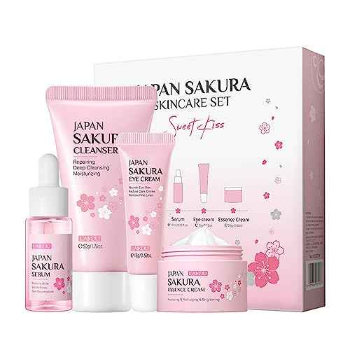Travel Skincare Kit (4PC) - JAPAN SAKURA Gentle Daily Routine Set for Teen Girls & Women, Includes Hydrating Cleanser, Anti-Aging Serum, Essence & Eye Cream, Sensitive Skin & Holiday Gift