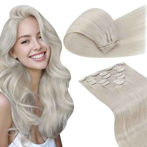LaaVoo Clip in Hair Extensions Real Human Hair Blonde Hair Extensions Clip ins Platinum Blonde Human Hair Clip in Extension Blonde Double Weft Full Head Silky Straight 18 Inch 7pcs/120g