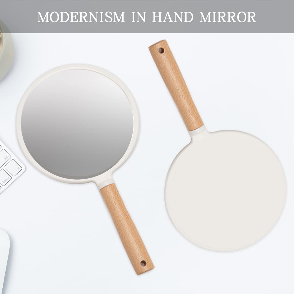 YEAKE Hand Held Mirror with Handle for Makeup,Small Cute Wood Hand Mirror for Shaving with Hole Hanging Single-Sided Portable Travel Vanity Mirror for Men&Women(Round)