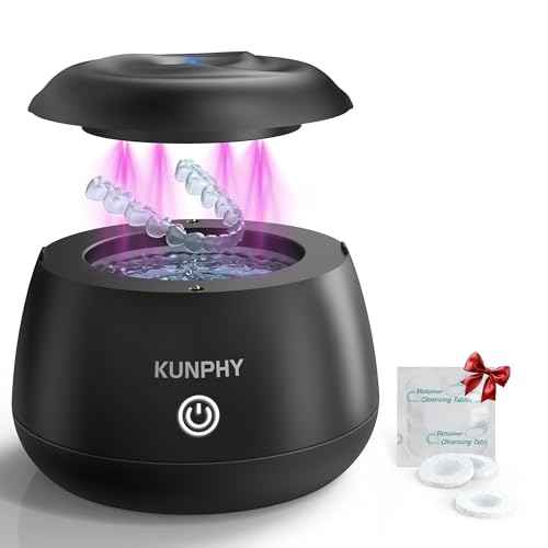 KUNPHY Dental Cleaner | Ultrasonic Retainer Cleaner Machine | 48kHz Dental Cleaning Pod | Aligner, Nightguard, Mouth Guard, Denture | Oral Dental Care | UV Cleaner with Retainer Tablets | Black