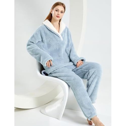 Gihuo Women' s Fluffy Pajamas Set Fleece Pullover Pants Loose Plush Sleepwear 2 Piece Pjs Set Warm Loungewear Fuzzy