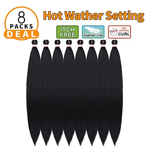 Pre Stretched Braiding Hair 8 Packs 48 Inch Natural Black Color Long Professional Hair for Braiding Twist Braids Itch Free Hot Water Setting Yaki Straight Synthetic Hair Extensions (#1B)