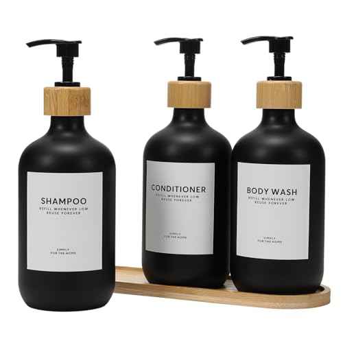 Shampoo and Conditioner Dispenser,16.9 fl oz Set of 3 Black Plastic Refillable Shower Shampoo Dispenser with Bamboo Tray, Reusable Pump Bottles with Labels for Bathroom D?cor (Black+Bamboo Tray)