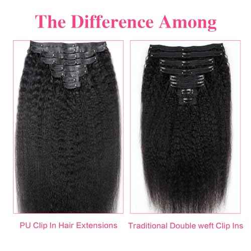 Seamless Kinky Straight Clip Ins Hair Extension Real Human Hair 18 Inch PU Kinky Straight Clip In Hair Extensions Human 8 Pcs/120g(18inch,Natural Black)