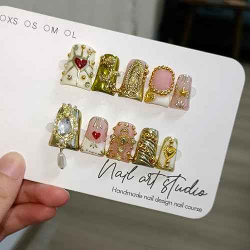 10Pcs Ballerina Press On Nails With Tools,Egyptian Palace Relief Glue on Nails with Gold Cross & Pearls,Handmade 3D Saint Charms Fake Nail Kits, Vintage Epic Acrylic Coffin Duckbill Nails(L)