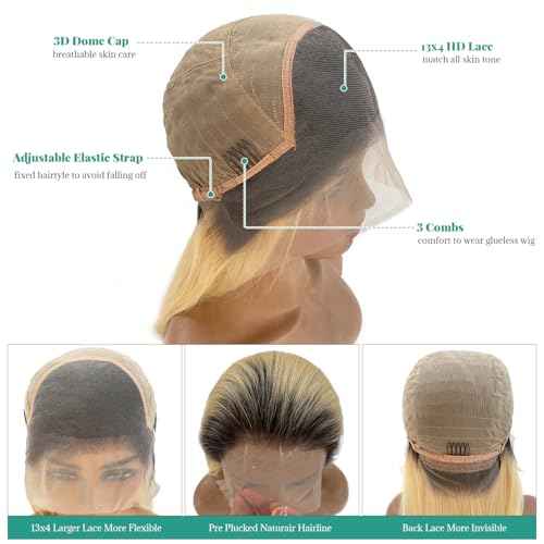 Munx Blonde Wear and Go Glueless Wig Human Hair 13x4 HD Lace Front Wigs for Women 180% Density Pre Plucked with Baby Hair Colored Straight Ombre Blonde 1b613 Lace Wigs 16 Inch
