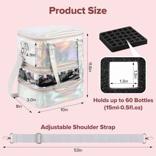 Nail Polish Organizer Case, 3 Layers Removable Nail Polish Storage Bag Holds 60 Bottles and Nail Lamp with Shoulder Strap Portable Holographic PU Leather Nail Kit Storage for Manicure Tools (Silver)