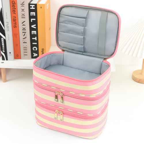 Three Layer Makeup Bag for Women Fashion Stripes Cosmetic Bag Preppy Style Travel Water-Resistant Toiletry Bag for Storage Toiletries Cosmetics Sets for Women Teen Girls Pink