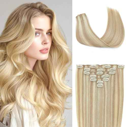 Clip in Hair Extensions Real Human Hair, Blonde Remy Human Hair Extensions Clip ins, Dirty Blonde to Platinum Blonde Clip in Extensions for Women, 18inch 120g 7Pcs, P18/60