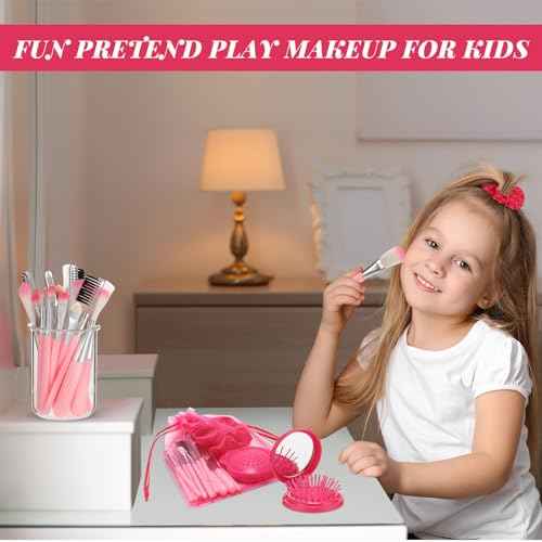 Pink Girl Party Favors Girl Makeup Party Favor Party Supplies Set Includes Pink Gauze Bags, Hair Scrunchies, Foldable Mirror Hair Brushes, Makeup Brushes Toys(48 Pcs)