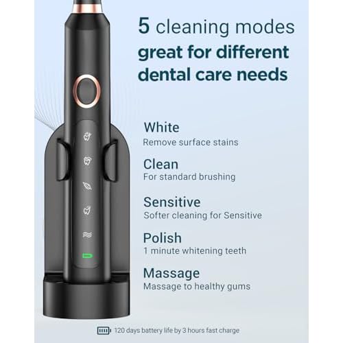 Rtauys 2 Pack Electric Toothbrush for Adults - 2 Rechargeable Electric Toothbrushes with 12 Brush Heads & 2 Travel Case, Power Electric Toothbrush with Holder, 3 Hrs Charge for 120 Days - Black+Pink
