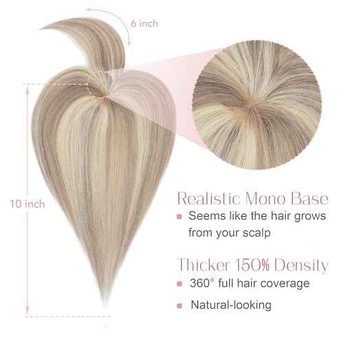 SEGO Hair Toppers for Women Real Human Hair with Bangs Mono Base 10 Inch Clip In Bangs Wiglets Topper Hairpieces for Women with Thinninghair -18YP613 Ash Grey&Bleach Blonde
