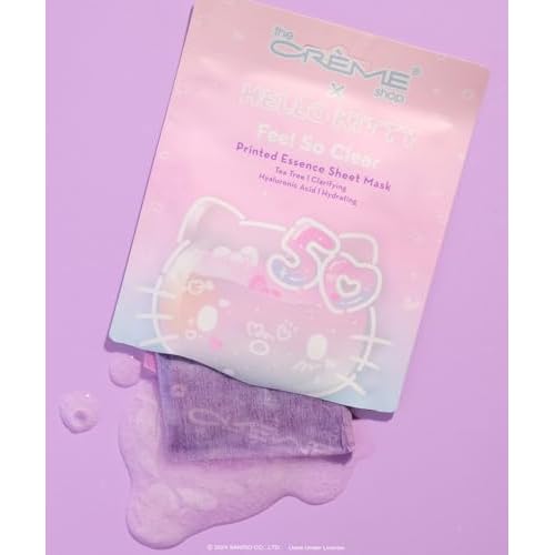 The Cr?me Shop x Hello Kitty Feel So Clear Printed Essence Sheet Mask, Clarifying and Hydrating Face Mask with Tea Tree and Hyaluronic Acid - 50th Year Anniversary Limited Edition - (Pack of 12)