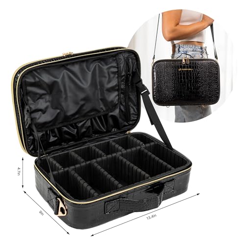 Carrywell |Not Made In China| Makeup Bag Travel Case, Train Case for Cosmetics, Portable Beauty Organizer, Cosmetic Storage Bag With Adjustable Dividers For Make Up and Brushes