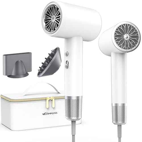 2025 New Hair Blower Dryer, warmmama High Speed Hair Dryers Ionic for Curly Hair, Quiet Thermo-Control Portable Hair Dryer with Diffuser and Nozzle for Home Travel, White