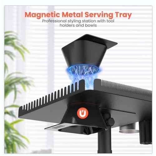 TASALON Professional Hair Extensions Organizer Cart Metal Salon Tray Cart with 2 Magnetic Bowls, Hair Dryer Holder,Adjustable Rolling Base, Black