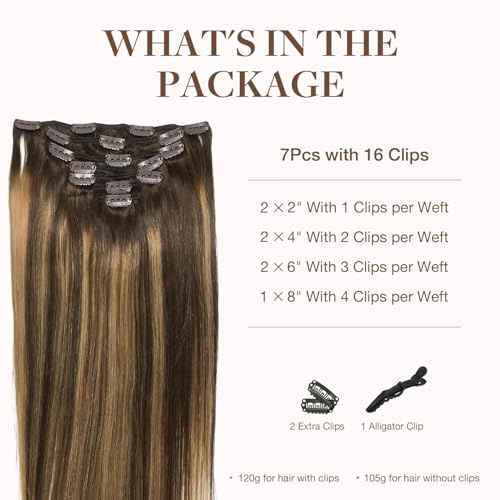 GOO GOO Clip in Hair Extensions Real Human Hair, Remy Human Hair Extensions Clip ins for Women, Natural Human Hair, 18inch 120g 7Pcs, 4/27/4 Balayage Chocolate Brown to Caramel Blonde