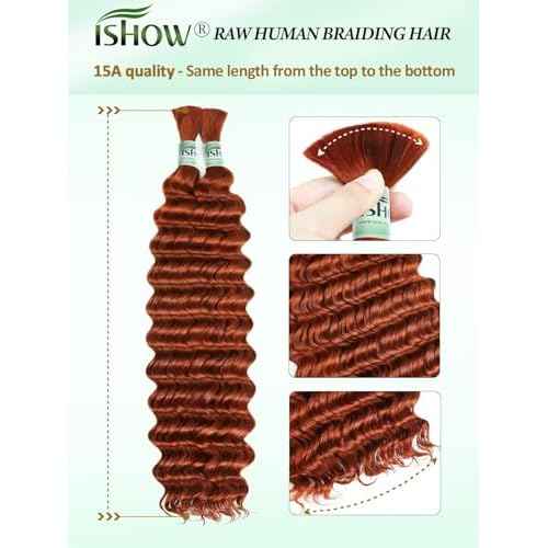 ISHOW Raw Human Braiding Hair, 100% Unprocessed Virgin Human Hair, 15A Deep Wave Boho Hair, 100g 20 Inch (2 Packs), NO.1 Premium Quality Boho Hair Producer, Long Lasting, Dark Ginger Color 350