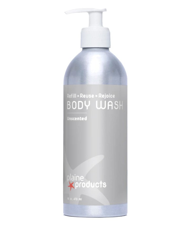 Plaine Products Eco-Friendly Body Wash - Unscented & Refillable - 16 oz Aluminum Bottle with Pump