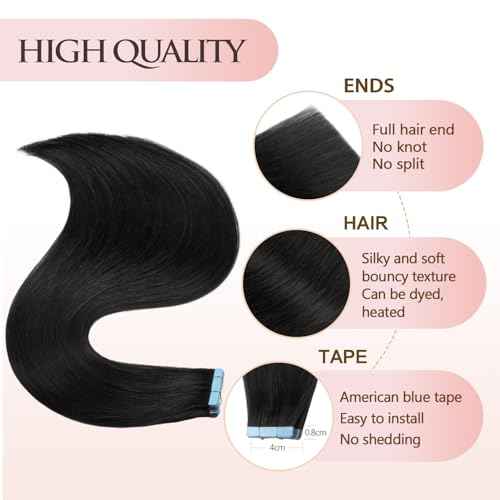 Tape in Hair Extensions Human Hair 14 inches Jet Black 20pcs 40g/pack Straight Seamless Weft Skin Invisible Thick Human Hair Tape in Extensions(14 inches #1 Jet Black)