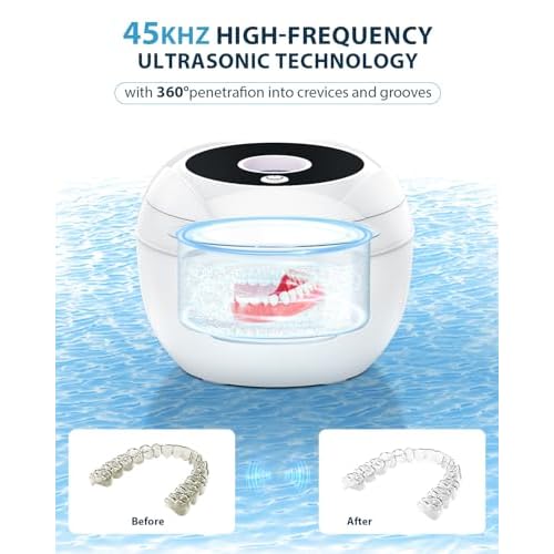 Ultrasonic Retainer Cleaner-45kHz Retainer Cleaner Machine,4 Modes Ultrasonic Cleaner for Dentures, Aligners,Mouth Guards, Braces,Toothbrush,Jewelry-200ML Dental Pod(White)
