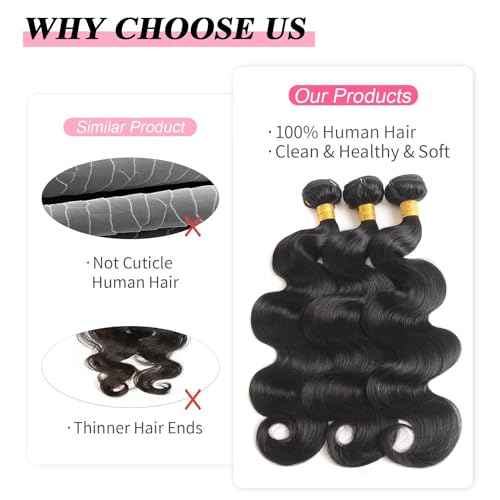 Hswpawk 12A Human Hair Bundles 22 24 26 Inch Body Wave Bundles Human Hair 100% Unprocessed Brazilian Virgin Hair 3 Bundles Hair Weft Weave Natural Black Color