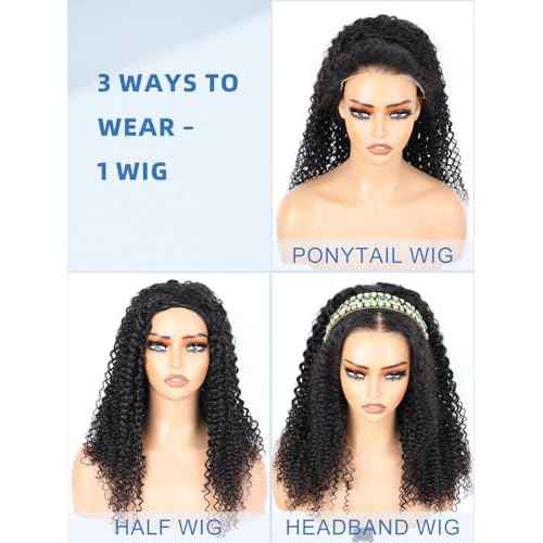 Kinky Curly Half Wig Human Hair 3-in-1 Flip Over, Headband & Drawstring Half Wigs for Black Women, 20 Inch, Seamless Glueless Wear & Go, Beginner Friendly, 180% Density Natural Curly Volume