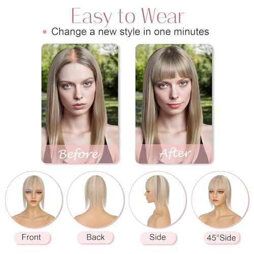 SEGO Hair Toppers for Women Real Human Hair with Bangs Mono Base 10 Inch Clip In Bangs Wiglets Topper Hairpieces for Women with Thinninghair -18YP613 Ash Grey&Bleach Blonde