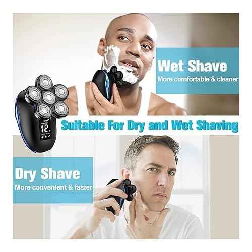Head Shaver for Bald Men, 6-in-1 Electric Shaver for Bald Head 6D Wet/Dry Waterproof Mens Electric Razor Head Shavers with Grooming Kit Cordless Rechargeable Face Head Shaving Rotary Shavers Blue