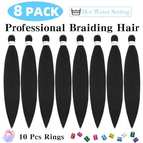 Pre Stretched Braiding Hair 20 Inch 8 Pack Long Braiding Hair Pre Stretched Hair For Braiding Hot Water Setting Soft Yaki Texture Synthetic Crochet Braids Hair For Women Girls (20Inch,1B)