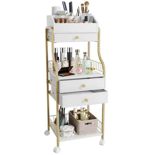 HapiRm Floor Makeup Organizer Storage - Vanity Skincare Make Up Organizers and Storage with Drawers, Cosmetics Display Cases Holder for Skin Care Nail Polish Perfume Makeup Brush, Gold